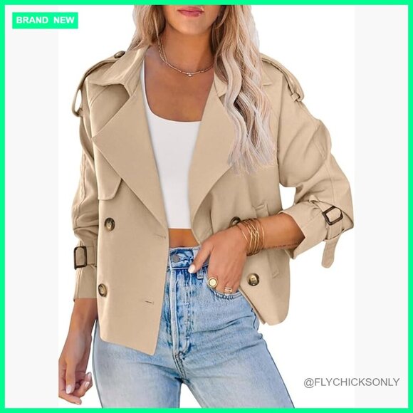 Jackets & Blazers - Double Breasted Trench Coat Cropped Jacket with Pockets